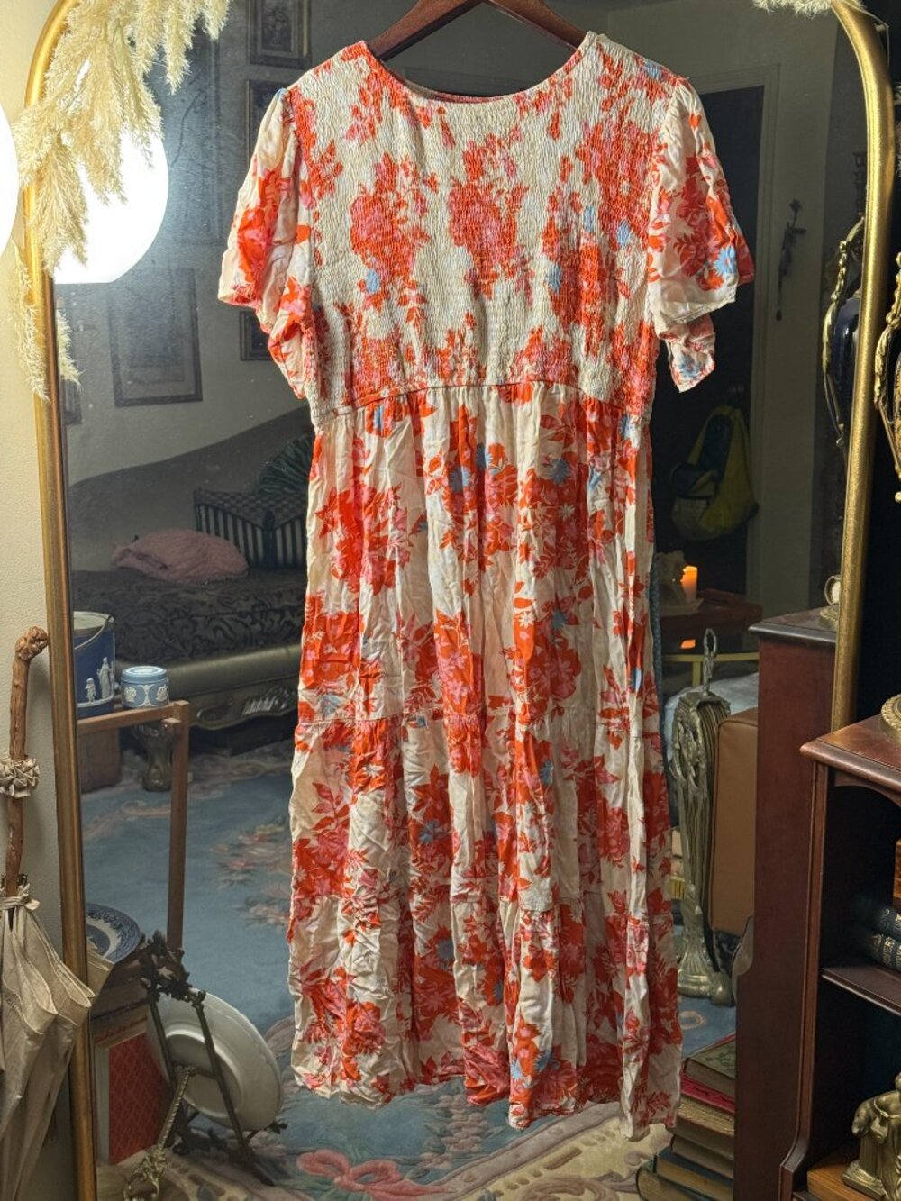 Cream and Orange Floral Smocked Midi Dress - Picture 5 of 5